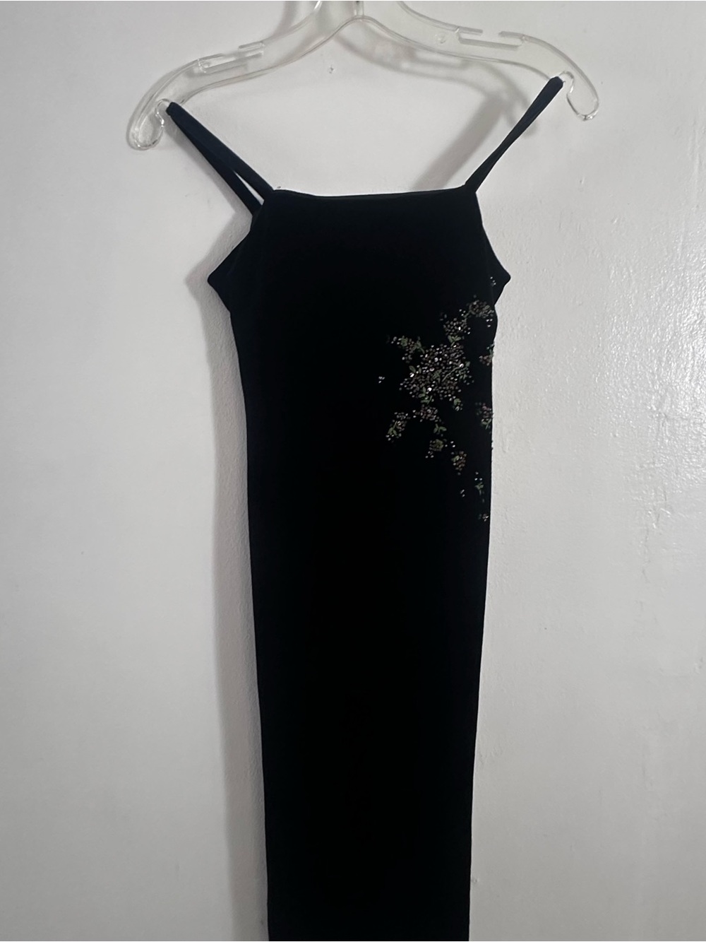 Vintage Biscotti Collezioni Black Velvet Dress Beaded Floral Spaghetti Strap Mid